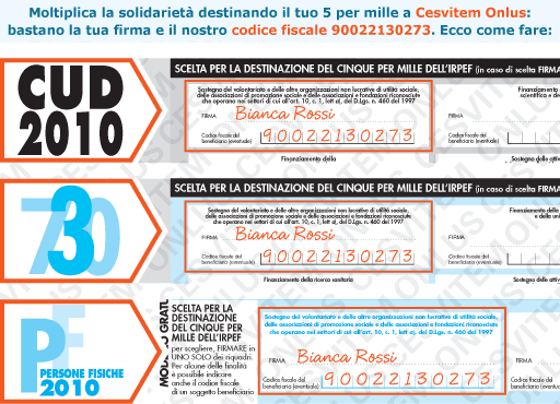 Cesvitem Onlus - 5 per mille: la tua firma e il codice fiscale 90022130273 su 730, CUD o Unico 2010: regala mille sorrisi ai bambini del Sud del mondo!